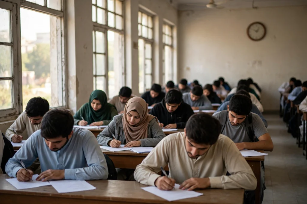 Candidates seated at desks in a bright examination hall marking MCQ answer sheets, wall clock on the wall