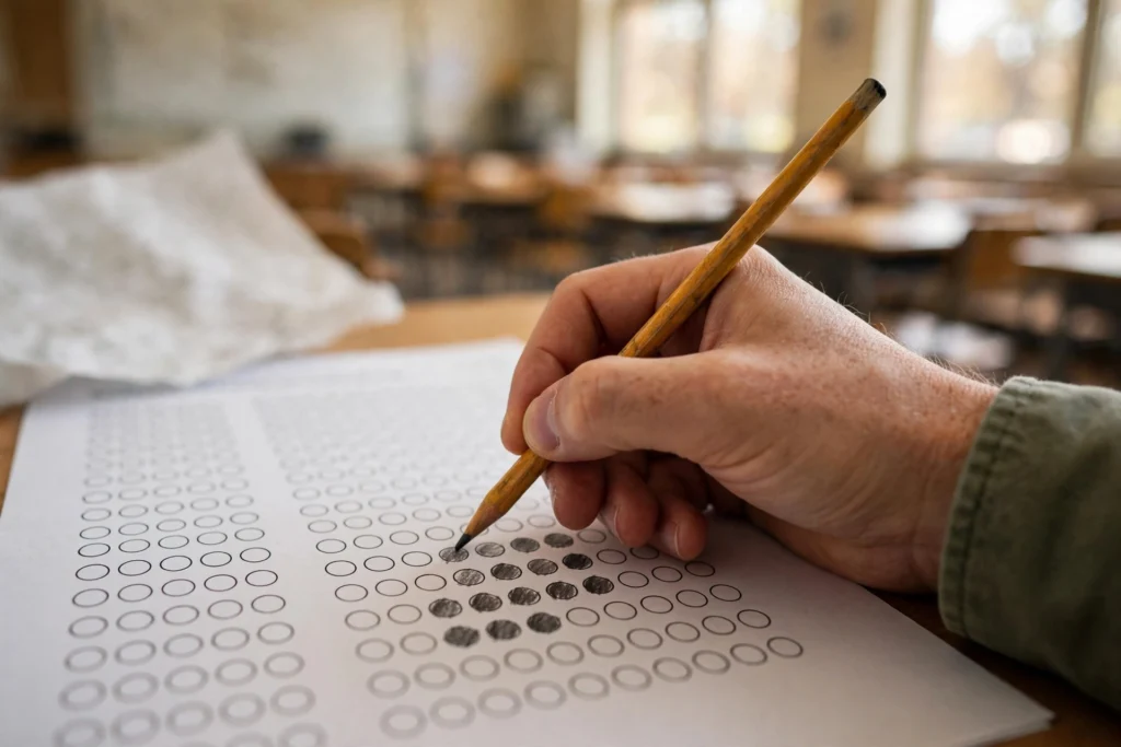 Close-up of a candidate's hand marking answers on an MCQ answer sheet with a pencil, blurred examination hall in the background