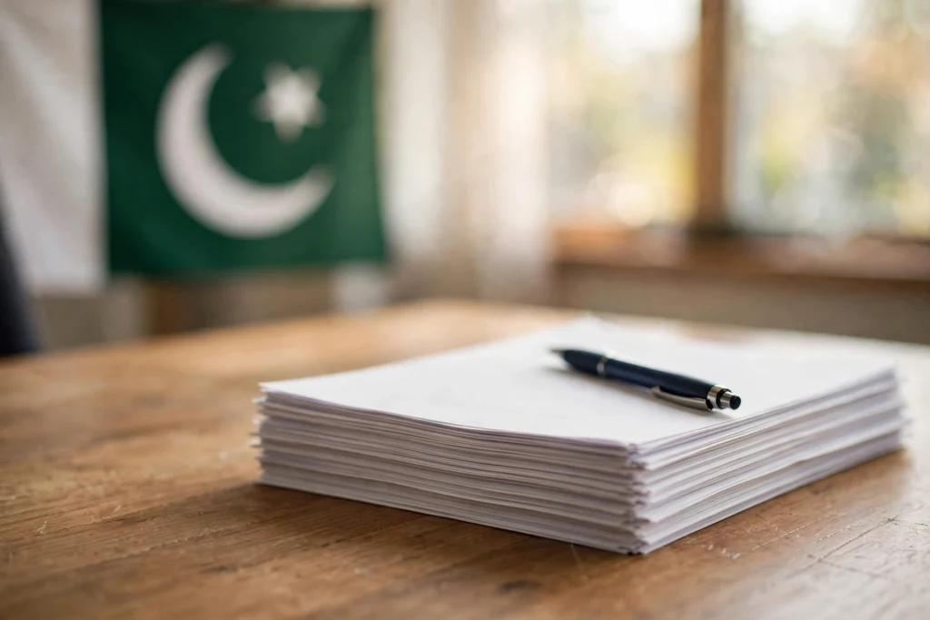 Official government job application documents and a pen on a desk with the Pakistani flag blurred in the background