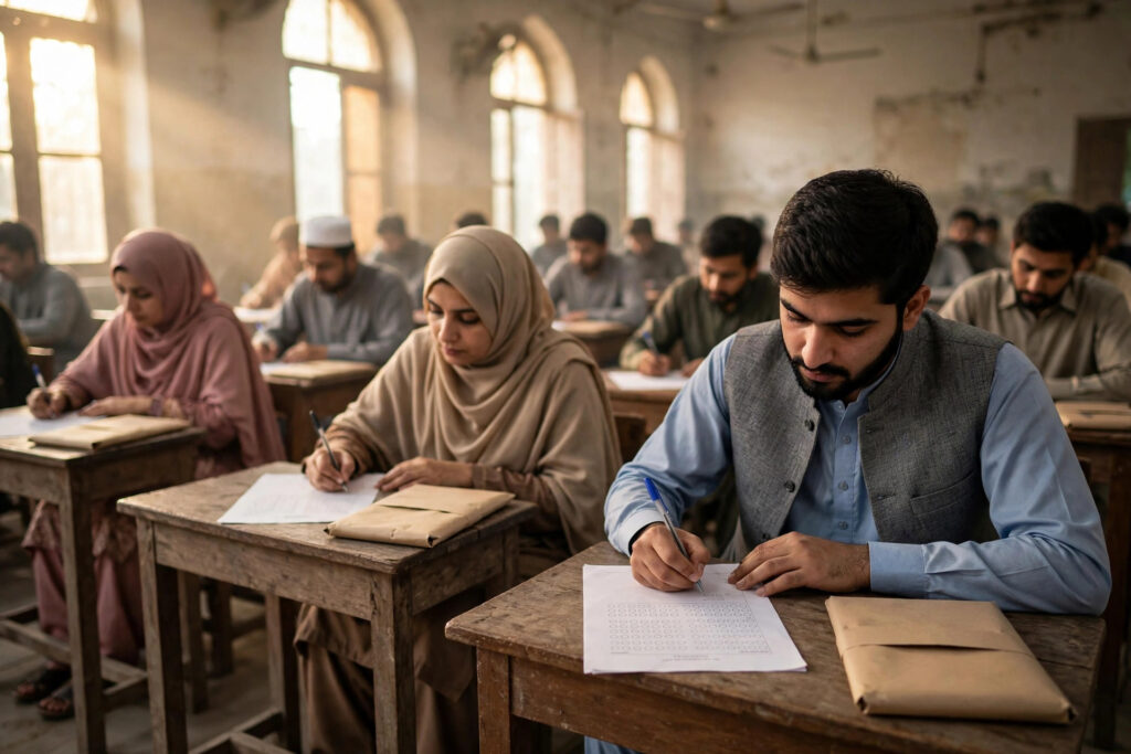 Candidates filling MCQ answer sheets in a Pakistani government job examination hall