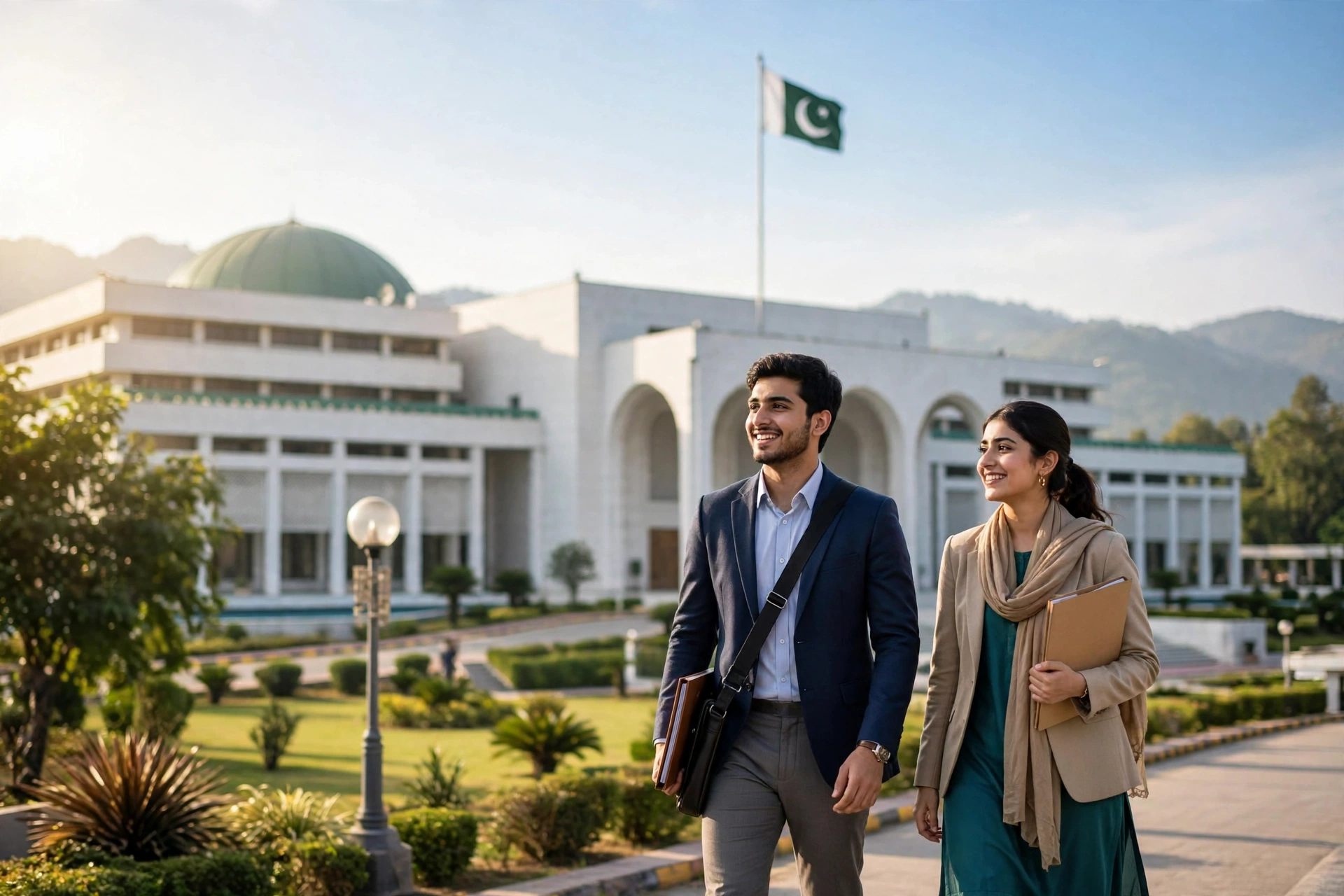 Young Pakistani job seekers walking toward a government secretariat building in Islamabad with the Pakistani flag