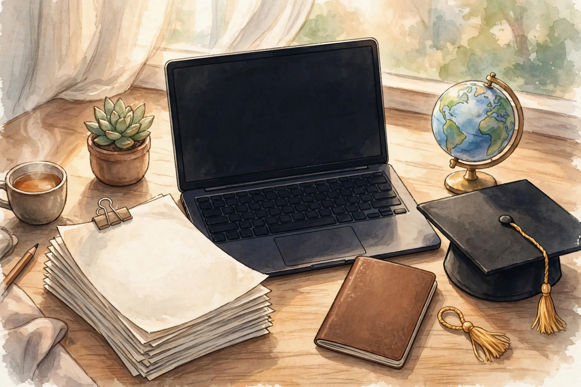 Scholarship application desk with laptop, documents, passport and graduation cap