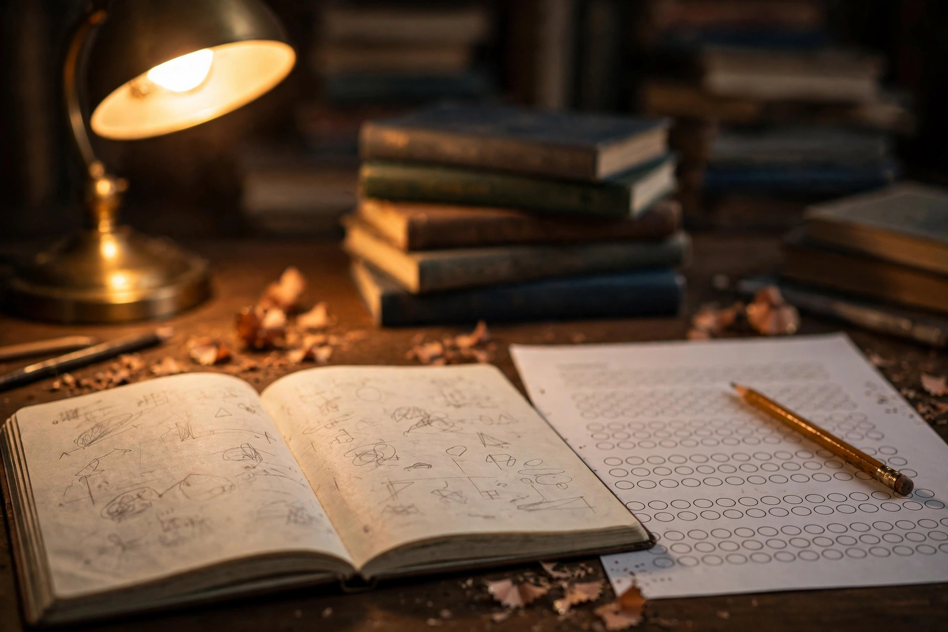 Student's desk with MCQ answer sheet, notebook and exam preparation books under a lamp