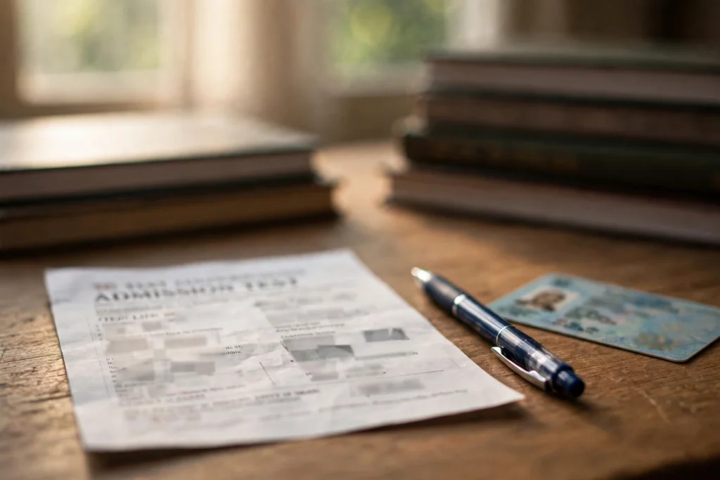 Printed government job test admission slip on a study desk with a pen and identity card, exam preparation books behind