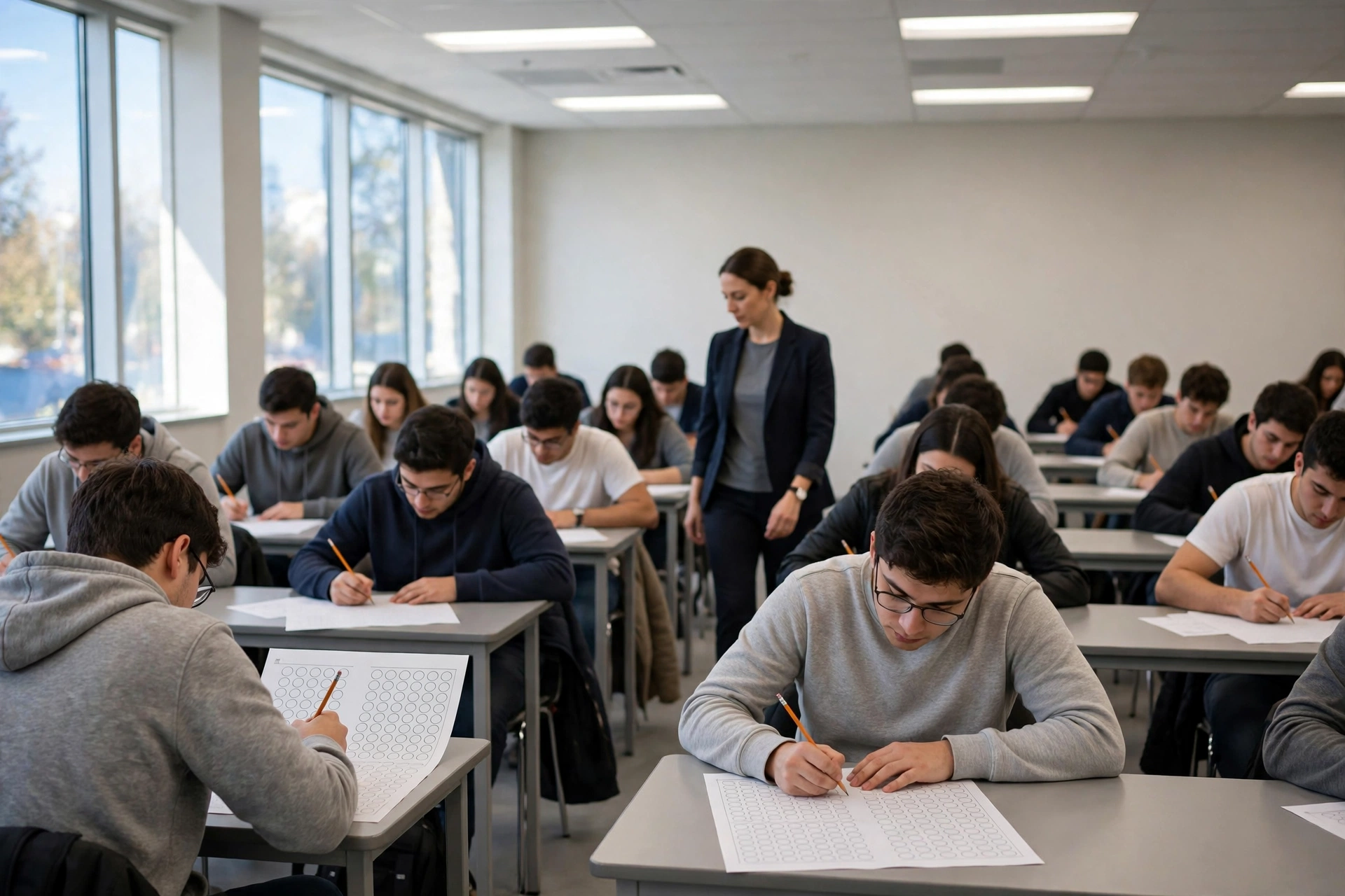 Students filling bubble answer sheets in a bright examination hall during a medical college admission test