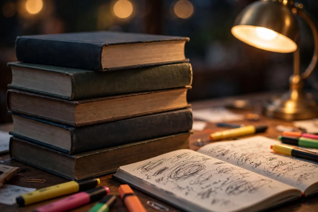 CSS exam preparation books and study notes on a desk